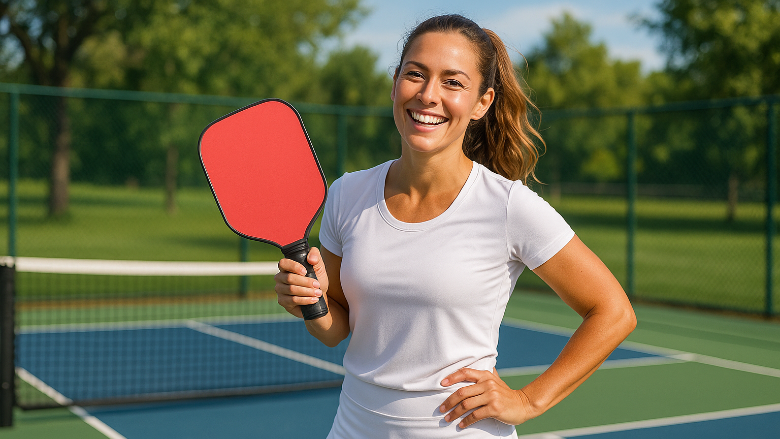 female pickleball player smiling light red paddle, white skirt white shirt